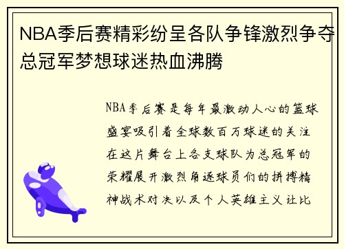 NBA季后赛精彩纷呈各队争锋激烈争夺总冠军梦想球迷热血沸腾